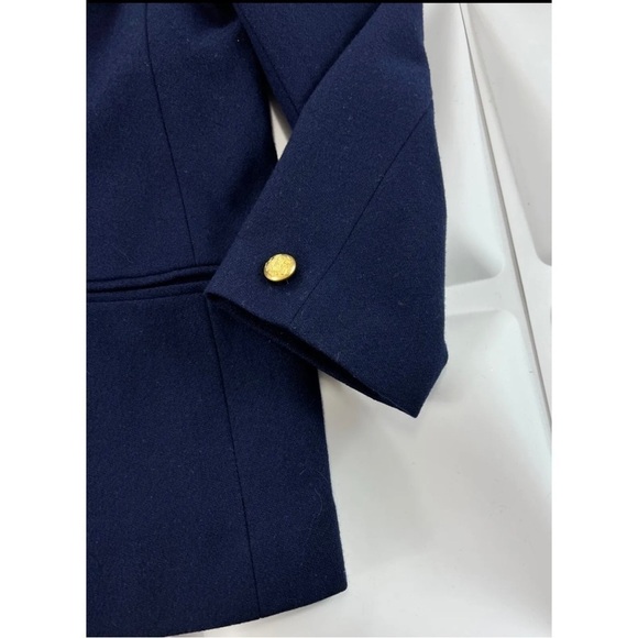 Joan Leslie Womens Sz 12 Navy Blue Gold Crest WOOL Double Breasted Blazer Jacket - Picture 7 of 10